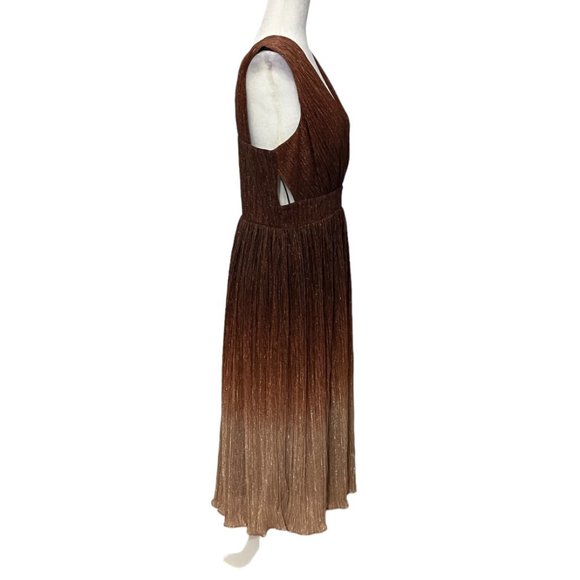 Dress the Population Brown Gold Pleated Metallic Midi Dress L Sleeveless Party - Picture 3 of 10